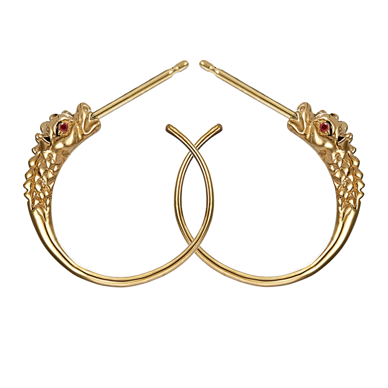 Dragon Hoop Earring-101-dbl-y90-ruby